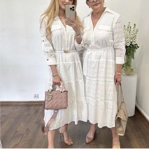 ZARA NWT WOMAN V-NECK OPENWORK EMBROIDERED MIDI DRESS WHITE ZIP | 3384/916